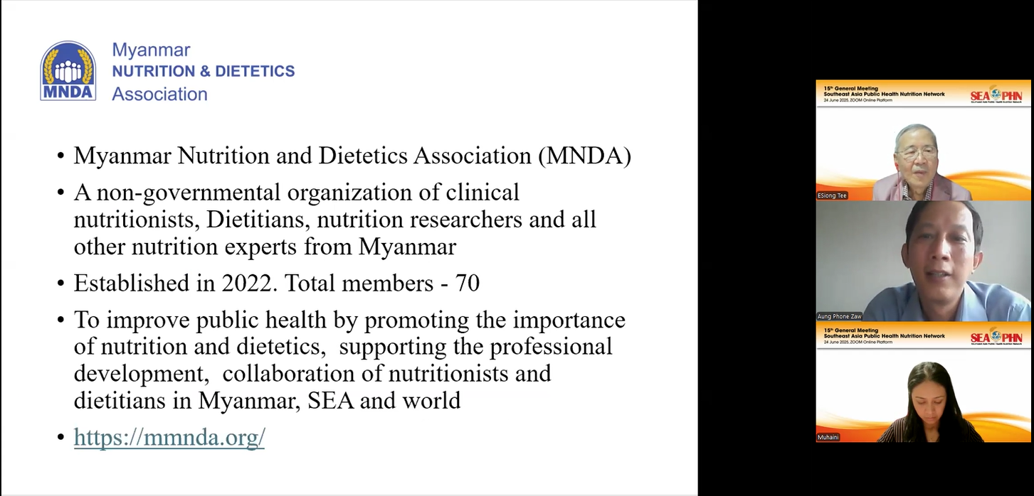Dr Aung Phone Zaw presenting the background and activities of Myanmar Nutrition and Dietetics Association